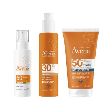 Avene Sun Слънцезащитен анти-ейдж флуид SPF50 40 мл + Слънцезащитен водоустойчив флуид SPF50+ 150 мл + Слънцезащитен спрей за лице и тяло невидим SPF30 200 мл Комплект