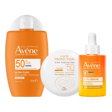 Avene Слънцезащитен озаряващ серум SPF50+ 30 мл + Слънцезащитна минерална крем пудра за лице за чувствителна и нетолерантна кожа SPF50+ Нюанс Пясъчен 10 г + Слънцезащитен Ултра флуид за лице SPF50+ 50 мл Комплект