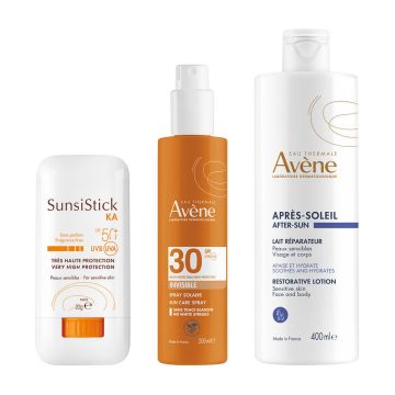 Avene Възстановяващ лосион след слънце 400 мл + Слънцезащитен стик за локализирани чувствителни зони SPF50+ 20 г + Слънцезащитен спрей за лице и тяло невидим SPF30 200 мл Комплект
