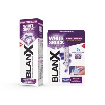 BlanX White Shock Purple Избелваща паста за зъби 75 мл + BlanX White Shock Purple Система за след миене на зъбите против жълти петна Комплект