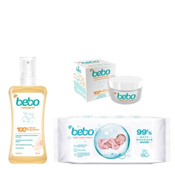 Bebo Влажни кърпички за новородено х 64 бр + Натурален крем при подсичане без вода 40 мл + Масажно олио с помпа 150 мл Комплект