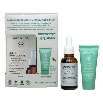 Apivita Just Bee Clear Коригиращ серум против несъвършенства 30 мл + Apivita Just Bee Clear матиращ крем 15 мл Комплект
