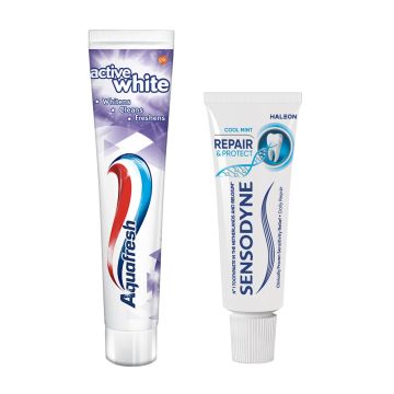 Aquafresh Active White Паста за зъби 125 мл + Sensodyne Repair and Protect паста за зъби 15 мл Комплект
