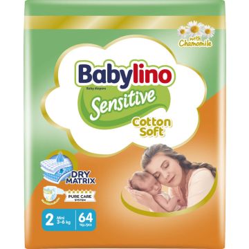 Babylino Sensitive Cotton Soft Пелени за бебета Размер 2 Mini 3-6 кг 64 броя