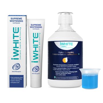 iWHITE Избелващa – коригираща цвета на зъбите вода за уста 500 мл + Избелваща паста за зъби 75 мл Комплект