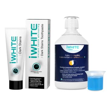 iWHITE Избелващa – коригираща цвета на зъбите вода за уста 500 мл + Избелваща паста за зъби с активен въглен 75 мл Комплект