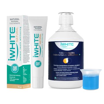iWHITE Избелващa – коригираща цвета на зъбите вода за уста 500 мл + Избелваща паста за зъби натурална 75 мл Комплект