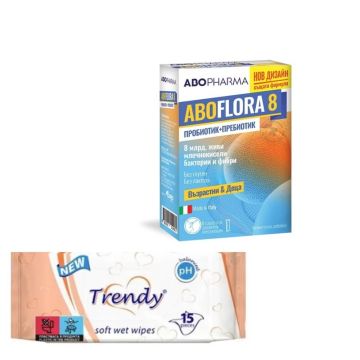 AboPharma Flora 8 Синбиотик за деца и възрастни сашета х 6 бр + Trendy Мокри кърпички x 15 бр Комплект 
