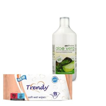 AboPharma Aloe Vera гел за пиене с 91% сок от алое вера и 9% пчелен мед 1000 мл + Trendy Мокри кърпички x 15 бр Комплект 