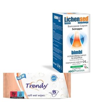 AboPharma Lichensed Успокояващ сироп за кашлица за деца 100 мл + Trendy Мокри кърпички x 15 бр Комплект 