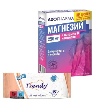 AboPharma Магнезий с Витамин B комплекс за мускулите и нервите х 30 таблетки + Trendy Мокри кърпички x 15 бр Комплект 