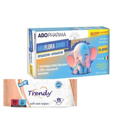 AboPharma Flora Bimbi 7 Синбиотик за деца за поддържане на чревния баланс х 6 флакона + Trendy Мокри кърпички x 15 бр Комплект 