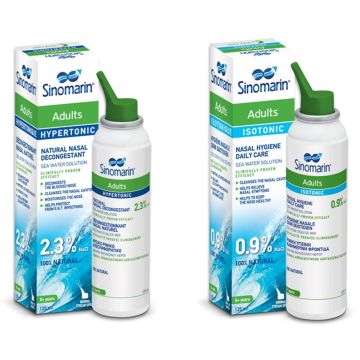 Sinomarin Adults Хипертоничен разтвор за възрастни c морска вода 2,3% NaCl 125 мл + Изотоничен разтвор за възрастни 125 мл Комплект