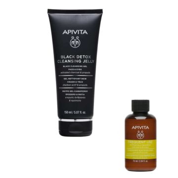 Apivita Cleansing Черен детоксикиращ почистващ гел за лице и околоочен контур 150 мл + Apivita Holistic Hair Care Шампоан за честа употреба 75 мл Комплект