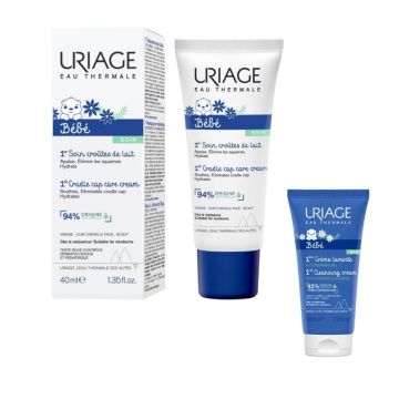 Uriage Bebe 1er Успокояващ регулиращ крем за бебета и деца при крусти 40 мл + Нежен пенлив душ-крем за бебета и деца за лице, тяло и коса с органичен еделвайс 50 мл Комплект