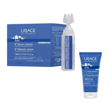 Uriage Bebe 1er Стерилни монодози за почистване на носле и очи 5 мл х 15 бр + Нежен пенлив душ-крем за бебета и деца за лице, тяло и коса с органичен еделвайс 50 мл Комплект