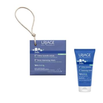 Uriage Bebe 1er Липидо-обогатен почистващ крем-сапун за бебета и деца с органичен еделвайс 100 гр + Нежен пенлив душ-крем за бебета и деца за лице, тяло и коса с органичен еделвайс 50 мл Комплект