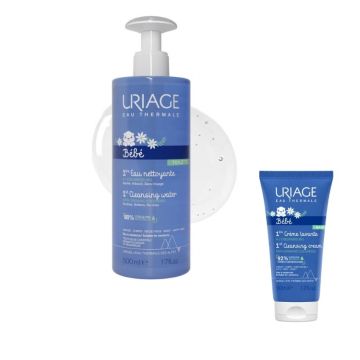 Uriage Bebe 1er EAU Почистваща вода за бебета без изплакване с органичен еделвайс 500 мл + Нежен пенлив душ-крем за бебета и деца за лице, тяло и коса с органичен еделвайс 50 мл Комплект
