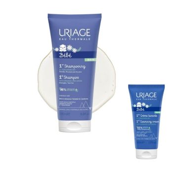 Uriage Bebe 1er Нежен шампоан без сапун за бебета и деца с органичен еделвайс 200 мл + Нежен пенлив душ-крем за бебета и деца за лице, тяло и коса с органичен еделвайс 50 мл Комплект