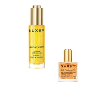 Nuxe Super Serum [10] Longevity Универсален противостареещ серум за лице 30 мл + Nuxe Huile Prodigieuse Or Florale Мултифункционално сухо олио със златни частици 10 мл Комплект