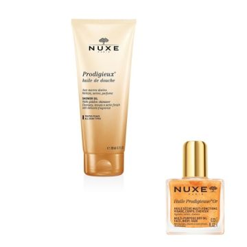 Nuxe Prodigieux Измиващо душ олио със златни частици 200 мл + Nuxe Huile Prodigieuse Or Florale Мултифункционално сухо олио със златни частици 10 мл Комплект