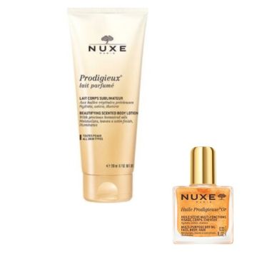 Nuxe Prodigieux Разкрасяващ лосион за тяло 200 мл + Nuxe Huile Prodigieuse Or Florale Мултифункционално сухо олио със златни частици 10 мл Комплект