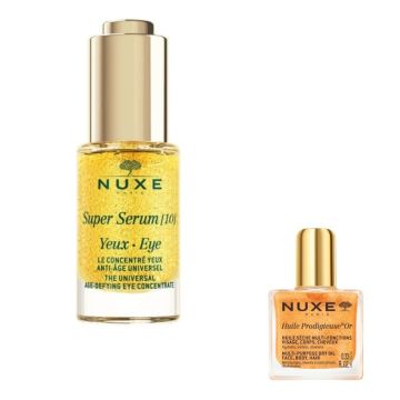 Nuxe Super Serum Универсален противостареещ серум за околоочен контур 15 мл + Nuxe Huile Prodigieuse Or Florale Мултифункционално сухо олио със златни частици 10 мл Комплект