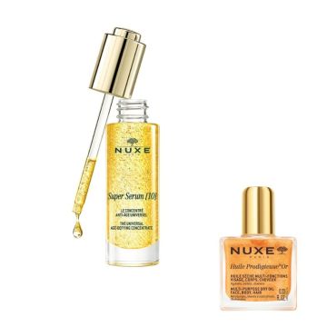 Nuxe Super Serum Универсален противостареещ серум за лице 30 мл + Nuxe Huile Prodigieuse Or Florale Мултифункционално сухо олио със златни частици 10 мл Комплект