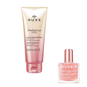 Nuxe Prodigieux Floral Душ гел за тяло с флорален аромат 200 мл + Nuxe Huile Prodigieuse Or Florale Мултифункционално сухо олио със златни частици 10 мл Комплект