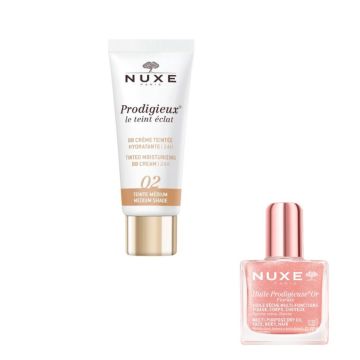 Nuxe Prodigieux BB Хидратиращ крем за лице, среден нюанс 30 мл + Nuxe Huile Prodigieuse Or Florale Мултифункционално сухо олио със златни частици 10 мл Комплект