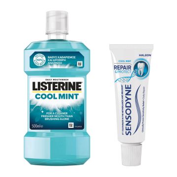 Listerine Cool Mint Вода за уста за ежедневна употреба 500 мл + Sensodyne Repair and Protect паста за зъби 15 мл Комплект