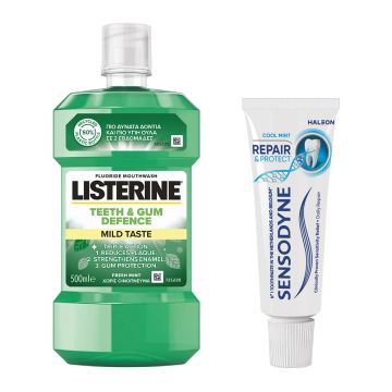 Listerine Teeth & Gum Defence Mild Taste Вода за уста 500 мл + Sensodyne Repair and Protect паста за зъби 15 мл Комплект