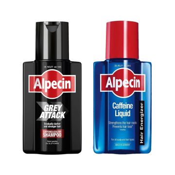 Alpecin Grey Attack Оцветяващ шампоан с кофеин за посивели коси 200 мл + Alpecin Caffeine Кофеинов тоник против косопад за мъже 200 мл Комплект