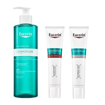 Eucerin Dermopure Clinical Измиващ гел 400 мл + Интензивен хидратиращ крем 40 мл + Обновяваща нощна грижа за кожа, склонна към акне 40 мл Комплект
