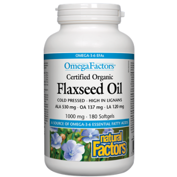Natural Factors Flaxseed Oil Ленено масло за нормално кръвно налягане и нисък холестерол 1000 мг х 180 софтгел капсули
