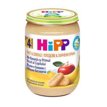 Hipp Био пълнозърнеста каша ябълки, банани и бисквити 4М+ 190 г