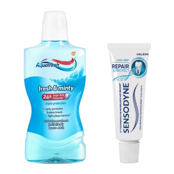 Aquafresh Fresh & Minty Вода за уста 500 мл + Sensodyne Repair and Protect паста за зъби 15 мл Комплект