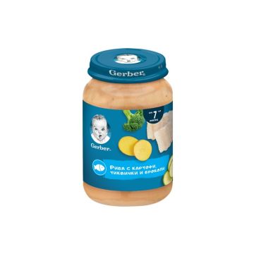 GERBER® Храна за бебета Риба с картофи пюре тиквички и броколи от 7-ия месец бурканче 190 гр