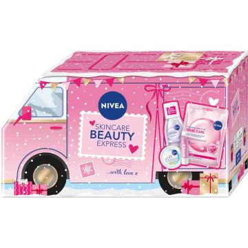 Nivea Балсам за устни с перлен блясък  4.8 г + Rose Touch Хидратираща лист маска за лице с розова вода и хиалурон 1 бр. + Мицеларна вода за чувствителна кожа 100 мл + Creme Soft Нежен универсален хидратиращ крем 50 мл Комплект