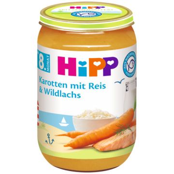 Hipp Био моркови с ориз и дива сьомга 8М+ 220 г