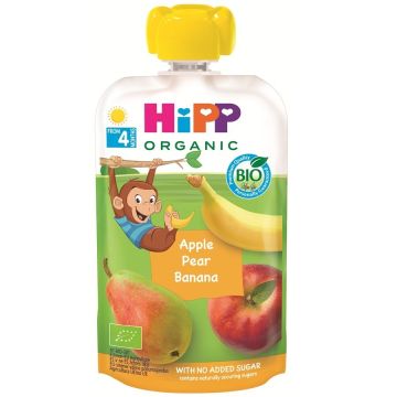 Hipp Organic Забавна закуска ябълка, круша и банан 4М+ 100 г