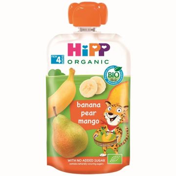 Hipp Organic Забавна закуска банан, круша и манго 4М+ 100 г