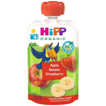 Hipp Organic Забавна закуска ябълка, ягоди и банан 4М+ 100 г