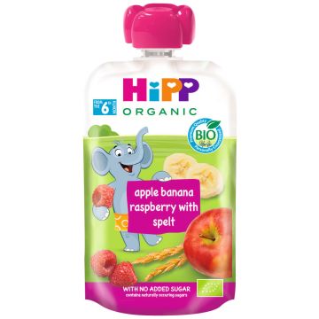 Hipp Organic Забавна закуска ябълка, банан и малина с пълнозърнести култури 6М+ 100 г