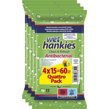 Wet Hankies Антибактериални мокри кърпи с лимон 4 х 15 броя Комплект