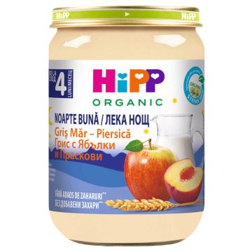 Hipp Био млечна каша "Лека нощ" с грис, ябълки и праскови 4М+ 190 г