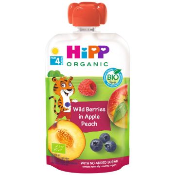 Hipp Organic Забавна закуска горски плод, ябълка и праскова 4М+ 100 г