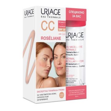  Uriage Roseliane СС Крем за лице за корекция на тена за чувствителна кожа SPF30 40 мл + Uriage Eau Thermale Мицеларна Почистваща вода за лице за чувствителна кожа 100 мл Комплект