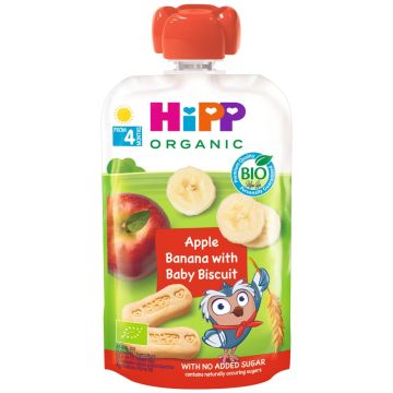 Hipp Organic Забавна закуска ябълка, банан и бисквити 4М+ 100 г
