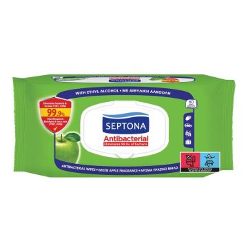 Septona Antibacterial Антибактериални мокри кърпи за ръце с аромат на зелена ябълка 60 бр 